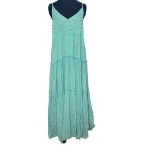 En Creme mint green gold polka dot plunge neckline maxi dress SIZE M